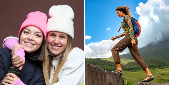 A split-screen lifestyle image showing two women wearing knit beanies on the left, and a woman hiking outdoors on the right. The left woman wears a bright pink beanie, and the right woman wears a white beanie with a matching pink balm pocket.