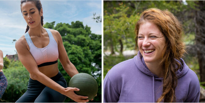 A split-screen lifestyle image showing two women outdoors. The left woman in a sports bra and leggings holds a green exercise ball, while the right woman in a purple hoodie smiles in a park setting.