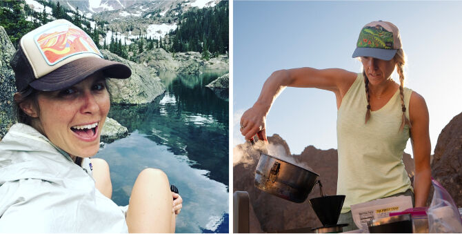 A side-by-side collage showing a woman outdoors in two different scenes. On the left, she is smiling and wearing a trucker hat with a mountain and lake background.