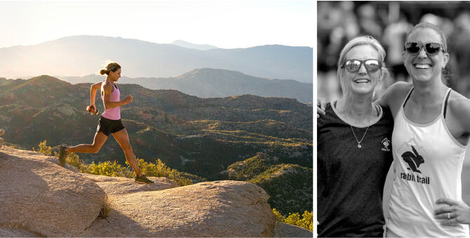 A side-by-side collage: the left panel shows a woman running on a rocky mountain trail at sunset, and the right panel is a black-and-white photo of the same woman wearing a white tank top with a rabbit logo and the words 'rabbit ball' while standing beside another woman.