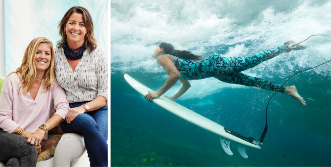 A split-screen lifestyle image featuring two women smiling on the left and a woman swimming underwater on a surfboard on the right, wearing matching blue and black patterned leggings.