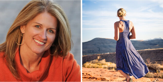 A split-screen lifestyle image featuring a smiling blonde woman in a rust-orange sweater on the left, and the same woman from behind wearing a flowing blue dress while standing outdoors on a rocky desert landscape on the right.