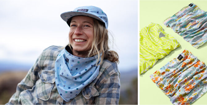 A split image showing a woman outdoors wearing a light blue patterned neck gaiter and matching cap, alongside three folded patterned gaiters in bright colors on a pale green background.