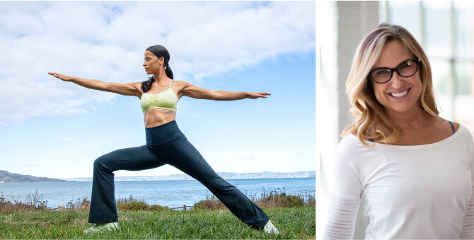 A split-screen image showing a woman in a yoga pose outdoors on a grassy hill with the ocean and sky behind her, alongside a close-up portrait of the same woman indoors wearing glasses and a white top.