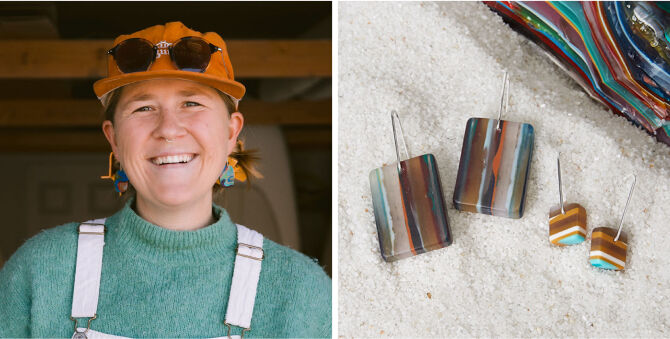A split image showing a smiling woman on the left wearing colorful handmade earrings, and the matching earrings displayed on white sand on the right. The earrings feature a marbled resin design with stripes of brown, teal, blue, and cream.