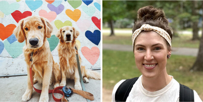 A split-screen collage: the left side shows two golden retriever dogs sitting in front of a colorful heart-patterned wall, and the right side shows a smiling woman outdoors wearing a cream knotted headband and a white top.