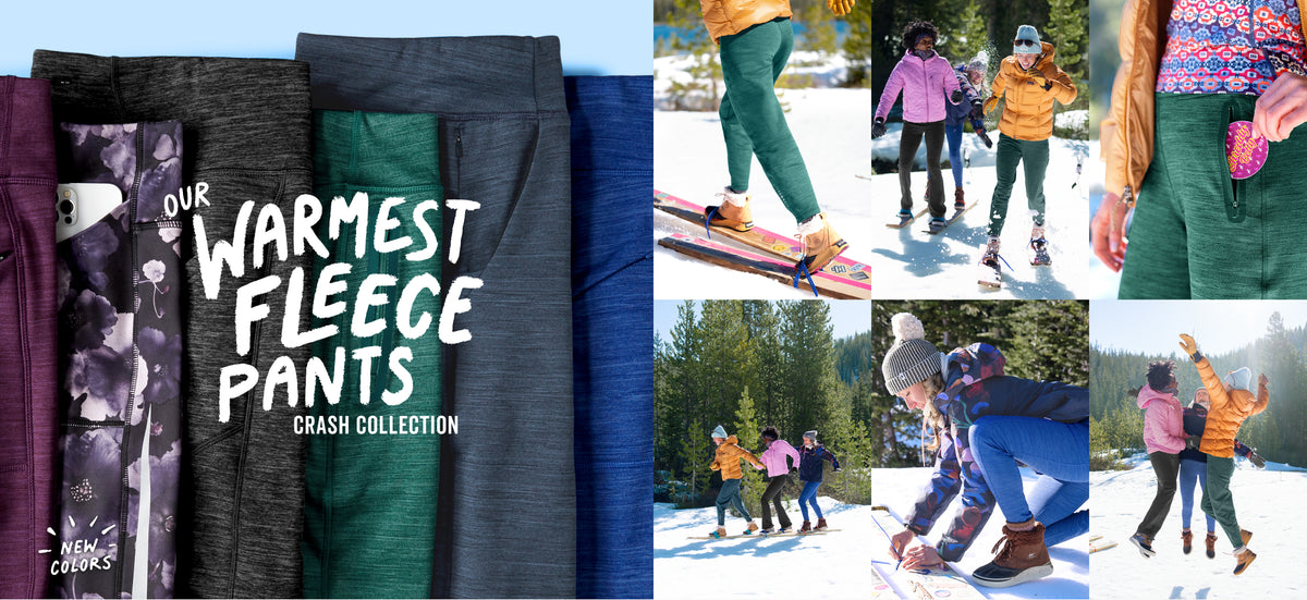 shop crash fleece lined leggings, pants, and jackets