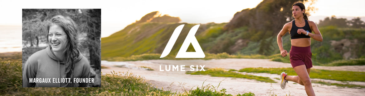 A promotional banner for Lume Six featuring a black-and-white portrait of Margaux Elliott, founder, on the left, a large white Lume Six logo in the center, and a woman running outdoors on a path at sunset on the right.