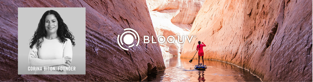 A promotional banner for BLOOUV featuring a black-and-white portrait of Corina Bivon, founder, in the top-left corner, a central white BLOOUV logo, and a background photo of a person paddleboarding on a narrow canyon waterway with orange rock walls.