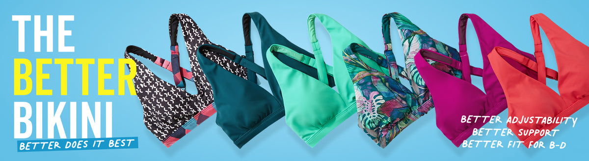A promotional banner showing five bikini-style underwire bras in different colors and patterns against a light blue background, with large text reading 'THE BETTER BIKINI' and smaller text highlighting features.