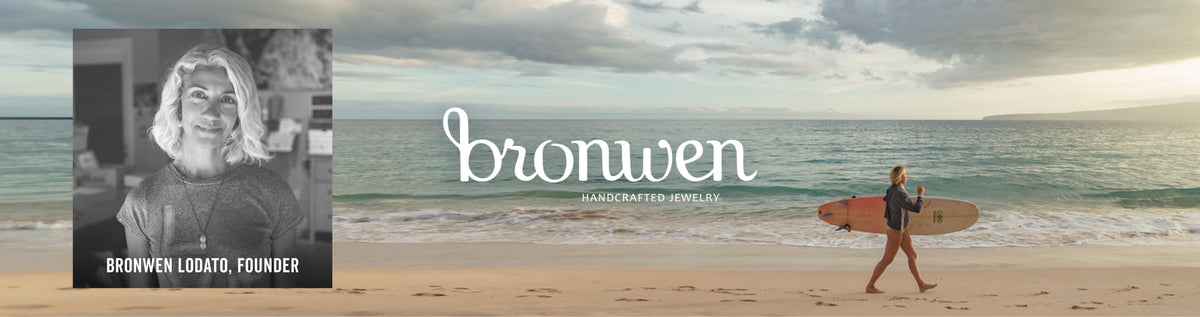 A wide beach scene with ocean waves, sandy shore, and a person carrying a surfboard. A black-and-white inset portrait appears at left with the text 'BROWEN LODATO, FOUNDER' and large script text across the center reading 'bronwen'.