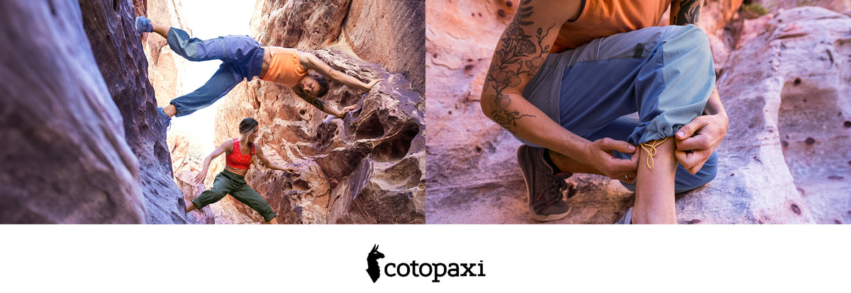 A split-screen lifestyle image showing climbers in a rocky canyon, with the Cotopaxi logo centered below. The left panel shows two climbers navigating steep rock faces, and the right panel shows a close-up of a person in blue pants and an orange shirt adjusting their cuff.