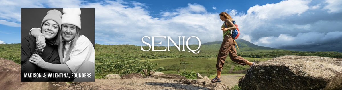A wide outdoor landscape banner with the SENIQ logo centered over a scenic mountain valley. On the left is a black-and-white inset photo of two women labeled 'MADISON & VALENTINA, FOUNDERS.