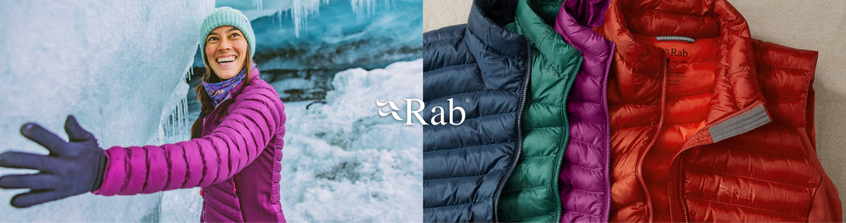 A split promotional image for Rab outerwear: on the left, a smiling woman in winter gear stands in front of an icy wall wearing a pink puffer jacket and purple gloves; on the right, several Rab puffer jackets are shown in dark navy, teal, purple, and rust red against a neutral background.