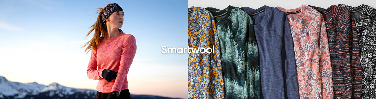 A split promotional image for Smartwool knitwear. The left side shows a woman outdoors wearing a pink Smartwool baselayer against a mountain sunset background.