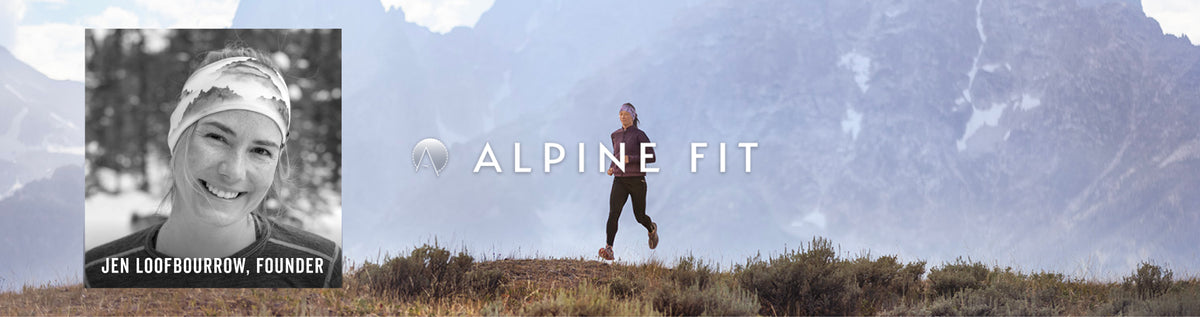 A promotional banner for 'Alpine Fit' featuring a black-and-white portrait of Jen Loopbourrow, founder, on the left, and a color photo of a woman running across a mountainous landscape on the right. The text 'ALPINE FIT' is displayed in the center.