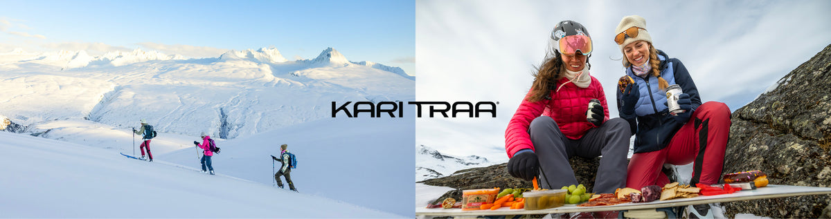 A split promotional image for Karitraa ski apparel. The left half shows skiers on a snowy mountain slope under a blue sky, with the brand name 'KARITRAA' centered.