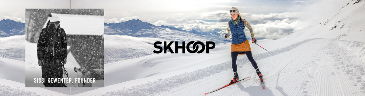A promotional banner for SKHOOP featuring a woman skiing on a snowy mountain, a black-and-white inset photo of Sissi Kewener, and the SKHOOP logo centered over the scene.
