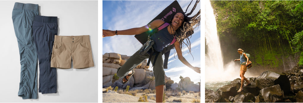 A three-panel collage showing outdoor apparel: on the left, folded pants and shorts in blue and tan laid out on a white background; in the center, a woman jumps in a rocky desert landscape wearing dark hiking gear; on the right, a woman stands on rocks beside a waterfall in a lush green forest wearing orange hiking clothing.