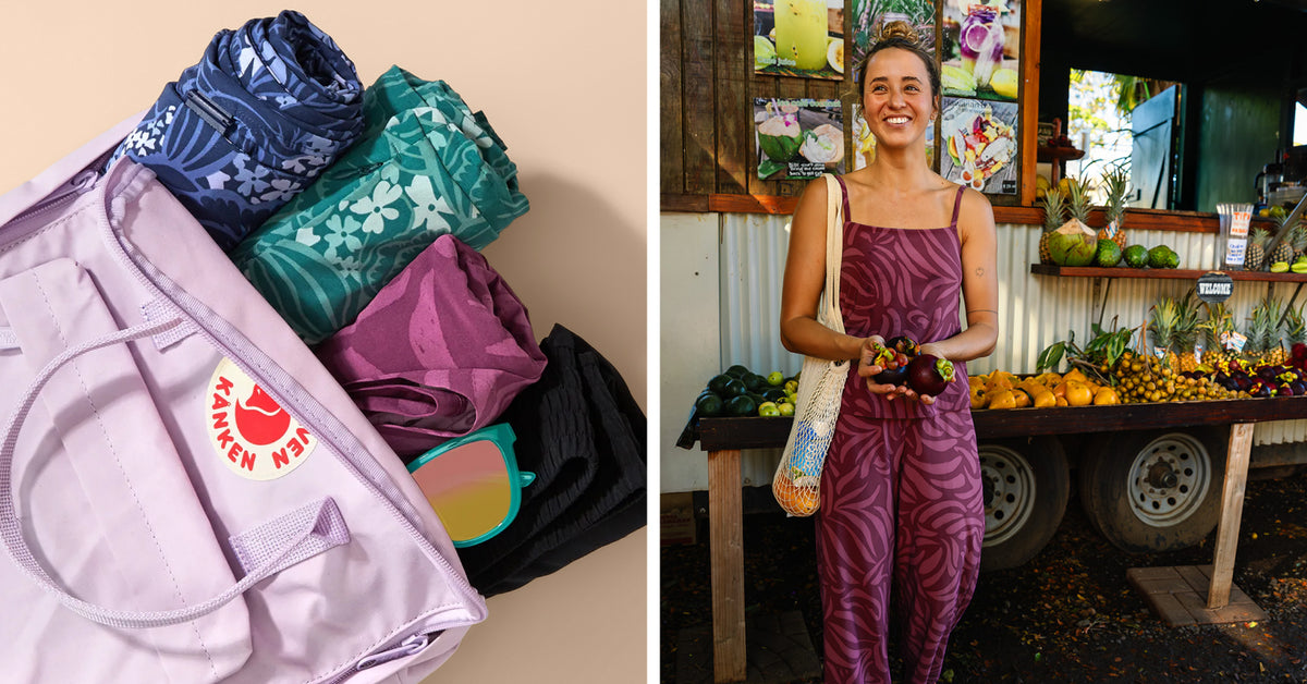 A split image showing a lavender Fjälken bag filled with colorful patterned shorts on the left, and a woman wearing a matching purple patterned sleeveless top and pants standing at an outdoor market on the right.
