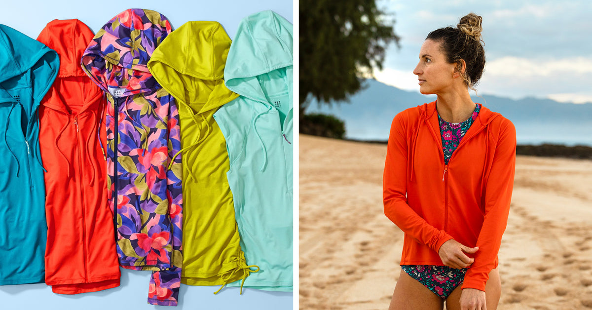 A split image showing five colorful hooded swim shirts laid flat on the left and a woman wearing an orange version on a beach on the right.