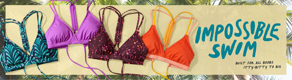 A promotional banner showing five bikini tops in different colors and patterns: teal with a leaf print, purple, dark purple with pink floral print, orange, and orange with yellow polka-dot straps. The text 'IMPOSSIBLE SWIM' is written on the right side over a tropical leaf background.