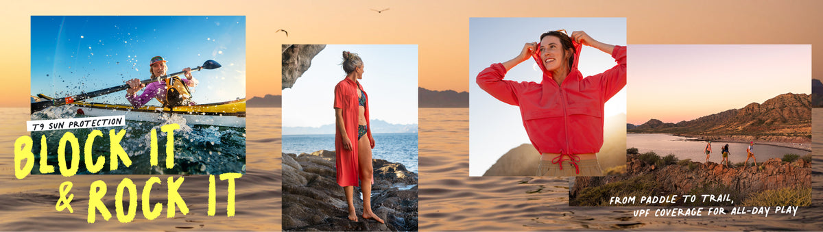 A three-panel promotional banner for outdoor apparel and gear. The left panel shows a person kayaking with bold yellow text reading 'BLOCK IT & ROCK IT' over a blue water scene.