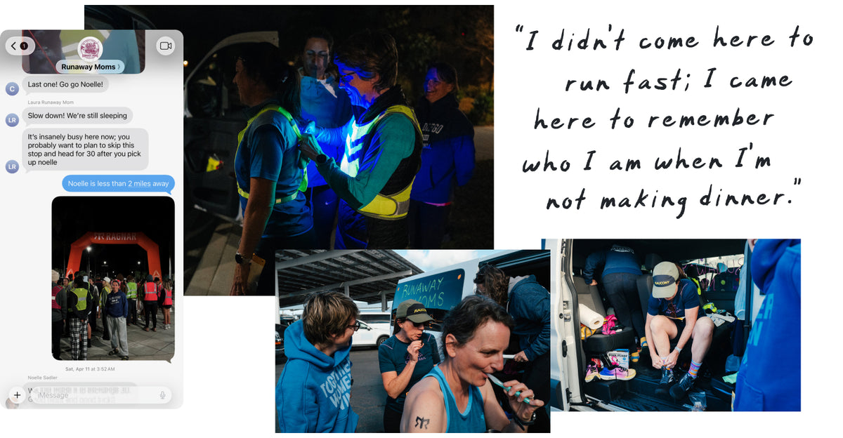 A collage-style memorial graphic featuring multiple photos of a running and recovery scene, a phone chat screenshot, a handwritten quote on the right, and a large blurred rectangle obscuring the center-left photo. Because the image is a composite of real-life scenes and text rather than a clean product shot, the best fit is Lifestyle rather than Product/Packaging.
