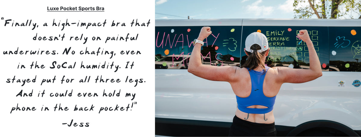 A promotional split image for 'Luxe Pocket Sports Bra'. The left side features a quote from Jess about the comfort and fit of a sports bra, while the right side shows a woman from behind wearing a blue sports bra and a white cap, flexing her biceps in front of a decorated bus.
