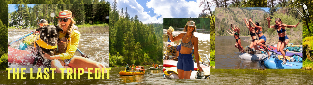 A wide collage of outdoor rafting and boating scenes on a river, with multiple people wearing life jackets and swimsuits. Large text at the bottom reads 'THE LAST TRIP-EDIT'.
