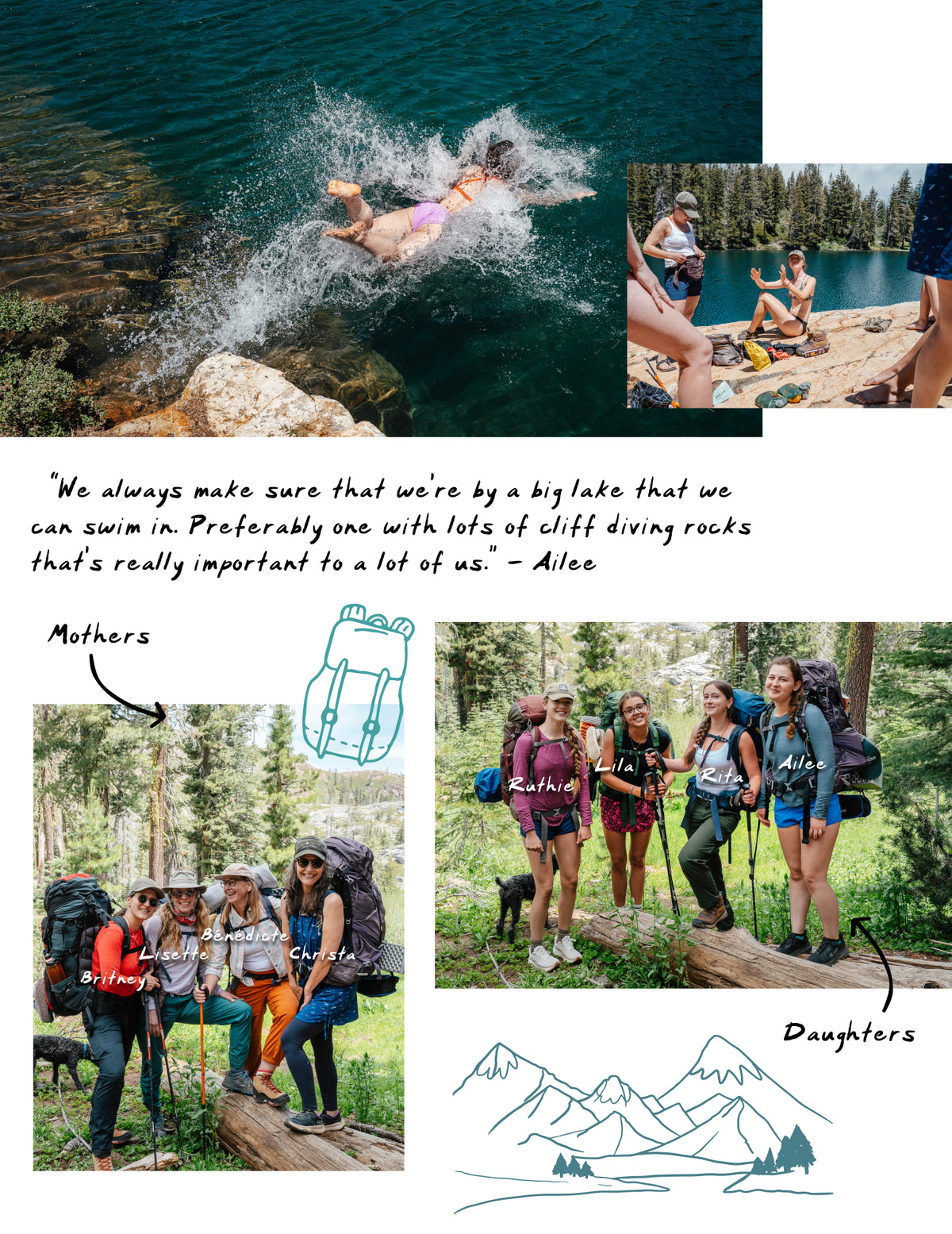 A collage-style graphic with outdoor photos of people swimming and hiking, a quote attributed to Aileen, and line drawings of backpacks and mountains. The layout appears to be editorial or promotional rather than a clean product shot, and no single sellable product is clearly isolated.