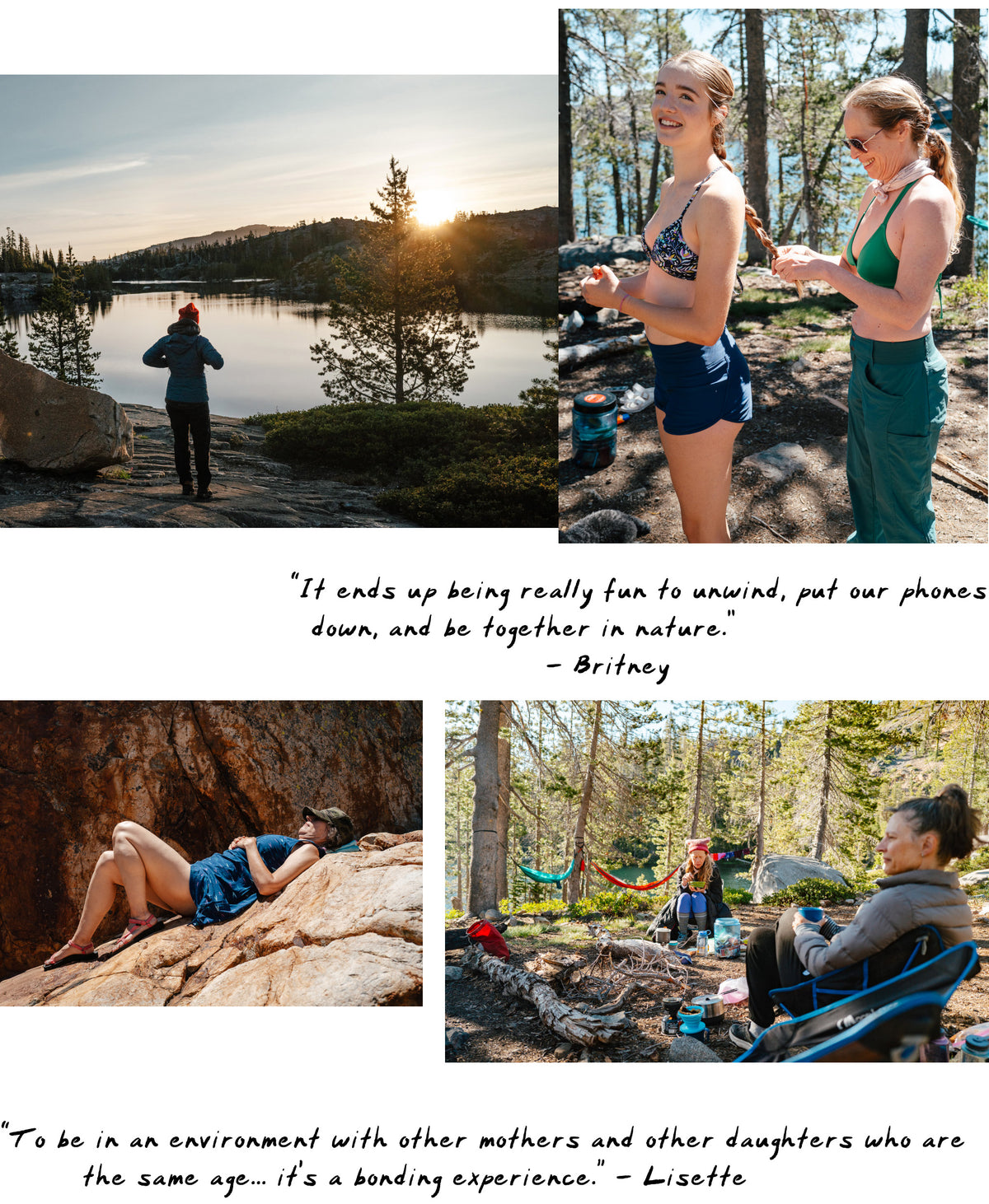 A four-panel collage showing outdoor family adventures and quotes. The top-left panel shows two women standing by a lake at sunset.