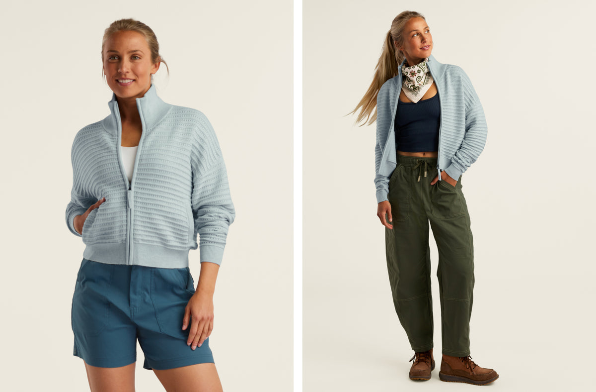 Lightweight zip sweaters bridge the gap between seasons without adding unnecessary bulk.