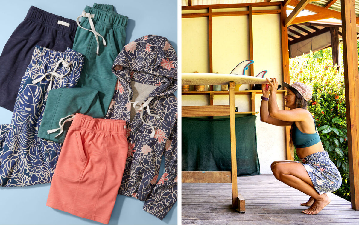 A split image showing coordinated swimwear/shorts sets: on the left, several shorts and a matching top are laid out in flat-lay style on a light blue background; on the right, a woman in a matching patterned swim skirt and top crouches on a wooden deck near a table in an outdoor patio setting.