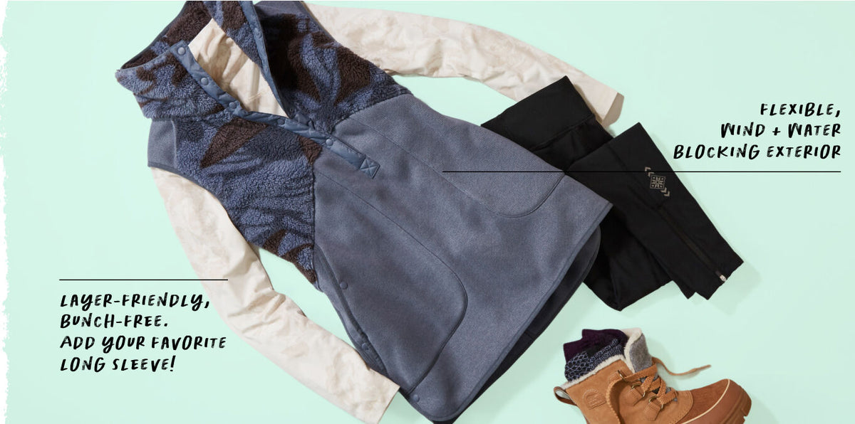 A flat-lay product presentation of a women's long-sleeve fleece vest and matching pants, styled with a pair of brown hiking boots on a light mint green background with text callouts.