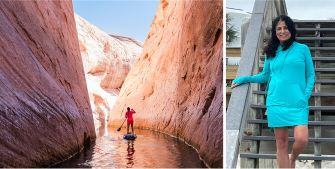 A split-screen lifestyle image. The left side shows a person paddleboarding on a river between towering orange and red sandstone canyon walls.