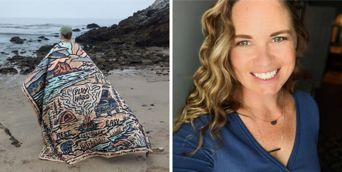 A split-screen image showing a woman on a beach wrapped in a large printed blanket, with a close-up portrait of the same woman on the right. The blanket features a detailed illustrated map design with the words 'Find Your East' and 'Play Hard Work'.