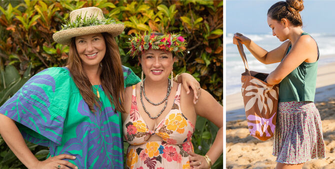 A split-screen lifestyle image showing two women outdoors. On the left, two women smile together in tropical clothing with one wearing a straw hat decorated with greenery.
