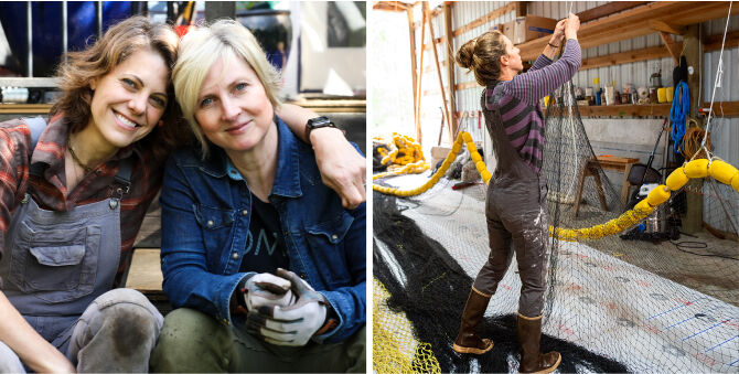 A side-by-side collage showing two women in a workshop or barn setting. The left panel shows two women smiling and posing together, while the right panel shows a woman standing and handling a large fishing net inside a rustic indoor space with tools and equipment visible in the background.