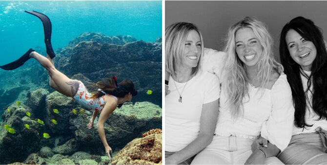 A split-screen collage: the left side shows a woman underwater wearing a colorful patterned swimsuit and black flippers while exploring a coral reef; the right side shows a black-and-white photo of three smiling women sitting together.