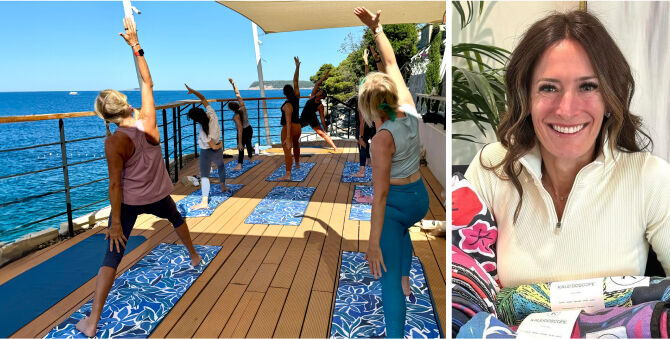 A split-screen lifestyle image showing a group of people practicing yoga on a wooden deck overlooking the blue ocean, alongside a close-up portrait of a smiling woman in a cream-colored top.