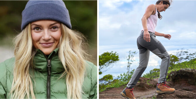 A split-screen lifestyle image showing a woman outdoors. On the left, she is shown in a close-up wearing a slate blue knit beanie and a green puffer jacket.