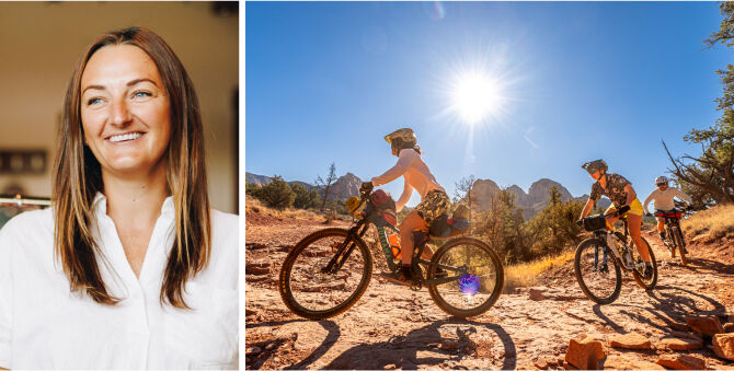 A split-screen image: the left side shows a smiling woman with long brown hair wearing a white collared shirt, and the right side shows three people mountain biking on a sunny dirt trail with rocky desert mountains in the background.