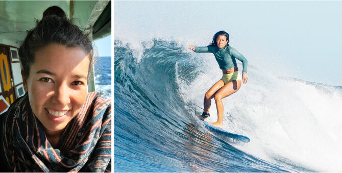 A split-screen collage: the left panel shows a smiling woman indoors wearing a dark patterned scarf, and the right panel shows her surfing on a large ocean wave in a green long-sleeve top and tan bikini bottoms.