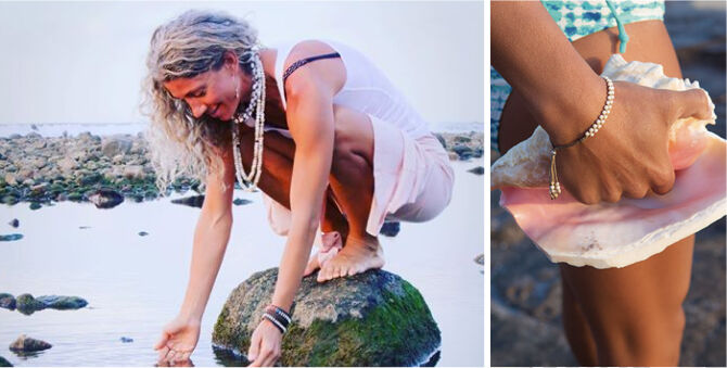 A split-panel lifestyle photo showing a woman crouching in shallow water on a rocky beach, wearing layered pearl necklaces and bracelets, alongside a close-up of a hand holding a large pink seashell and wearing a beaded bracelet.