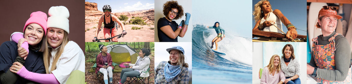 A collage of multiple lifestyle photos showing women in outdoor and casual settings, including winter hats, cycling, surfing, boating, and portrait shots. The image is highly varied in color and content, making its overall color identity multicolor.