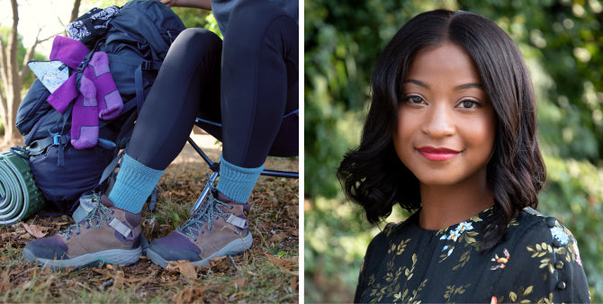 A split-screen lifestyle image showing a close-up of hiking boots with blue knit socks and a backpack on the left, and a portrait of a woman wearing a floral black top on the right, set against an outdoor green background.