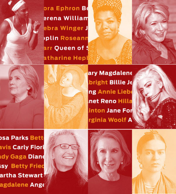 A collage-style graphic featuring multiple sepia-toned portraits of famous women arranged in a grid, with partial text names running vertically between and around the photos.