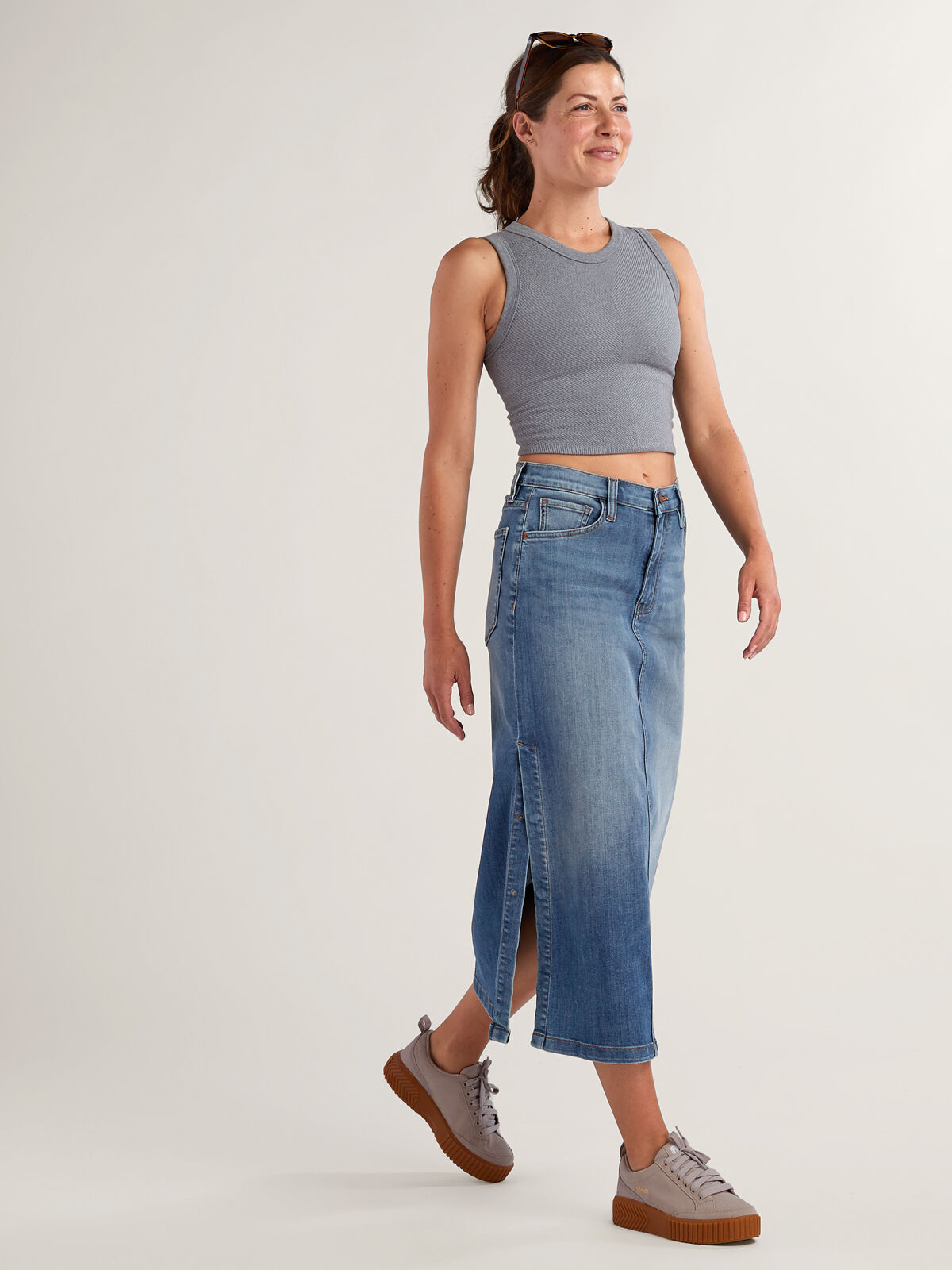 DUER Women's Performance Denim Midi Skirt | Title Nine DUER Women's Performance Denim Midi Skirt | Title Nine