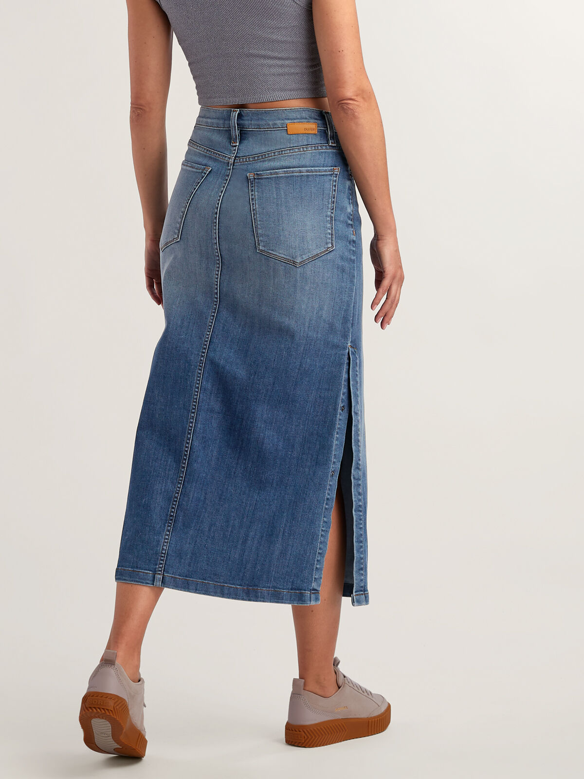 DUER Women's Performance Denim Midi Skirt | Title Nine